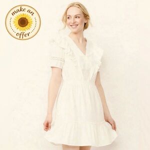NWOT. LC Lauren Conrad V-Neck Ruffle White Mini Dress. Sweet & simple.Women XXL.